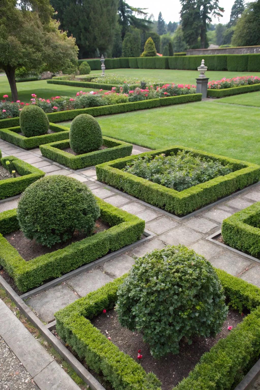 Symmetrical planting brings order to the garden.