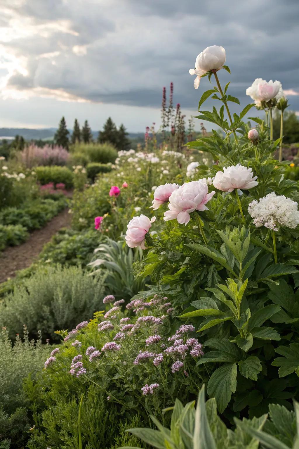A charming fusion of peonies and herbs yields a practical garden.
