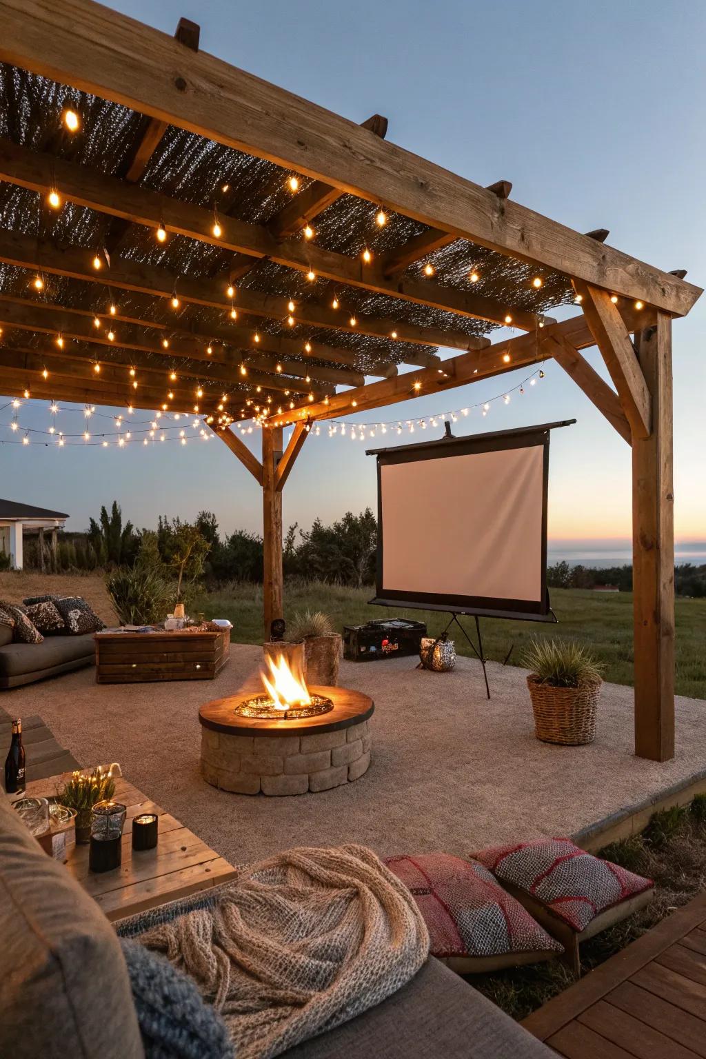 Experience outdoor cinema magic with a fire pit pergola.