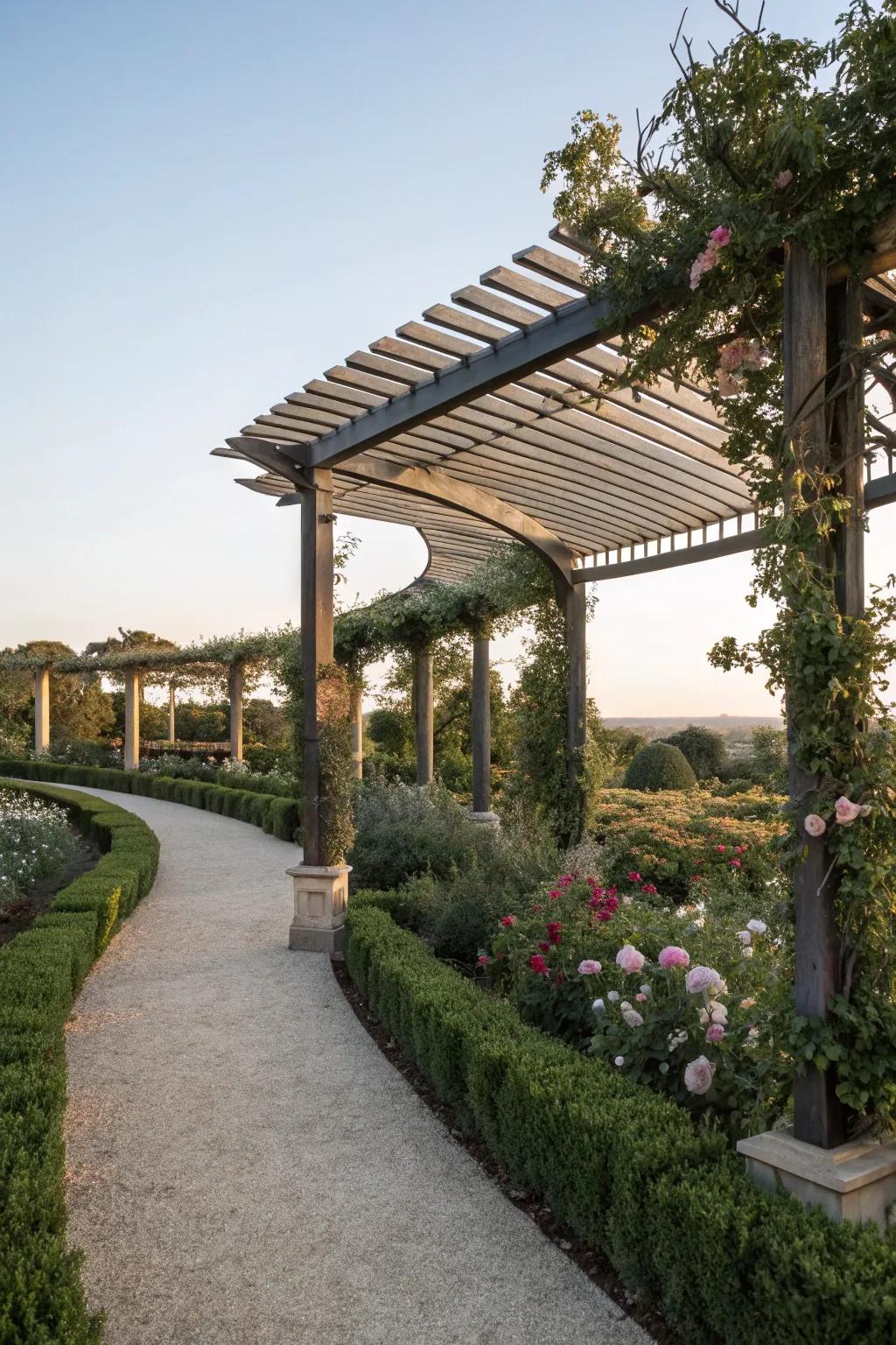 A wood and metal pergola roof has a unique style.