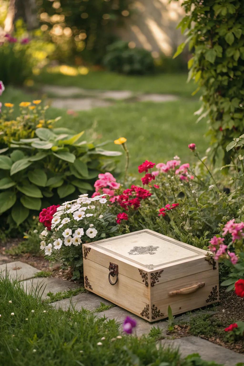 A keepsake chest holds cherished mementos, nestled quietly in the garden.