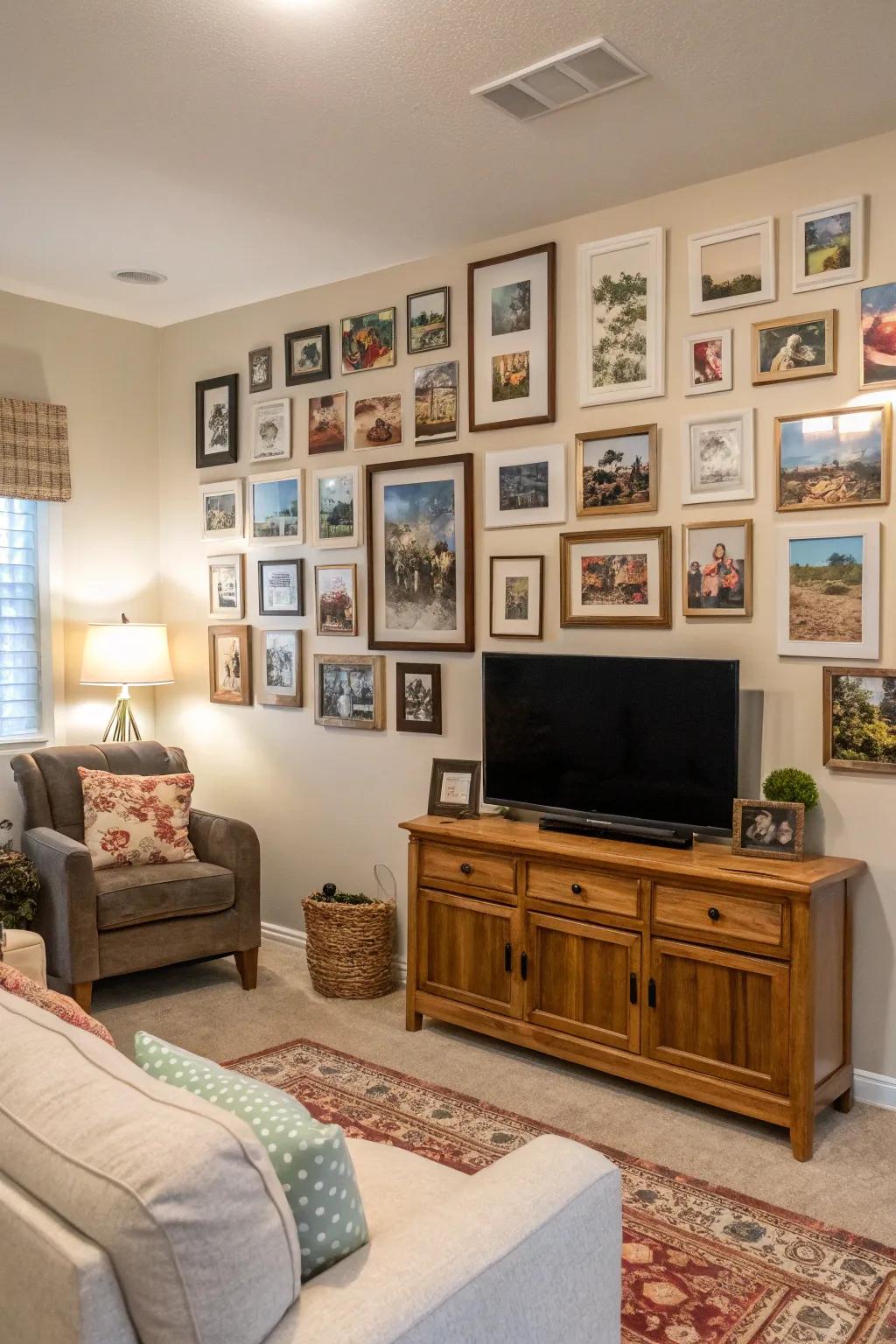 A photo wall with a mosaic of personal memories, establishing a cherished gathering spot.