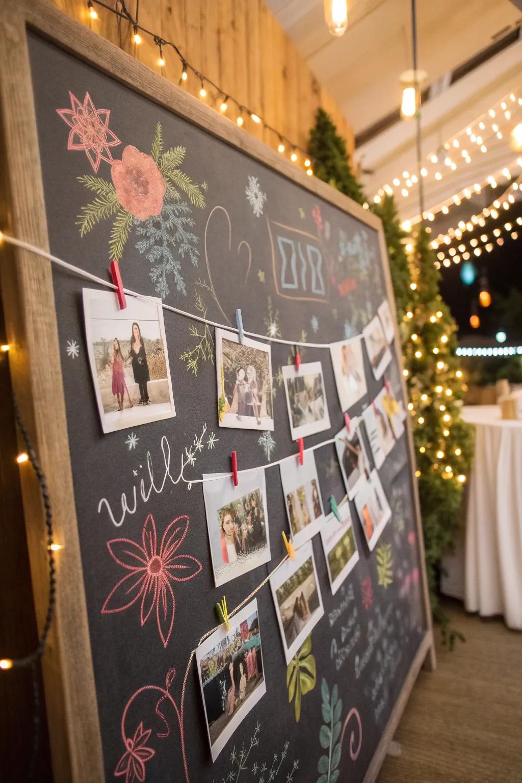 A chalkboard picture display entices personal messages and infuses amusement.