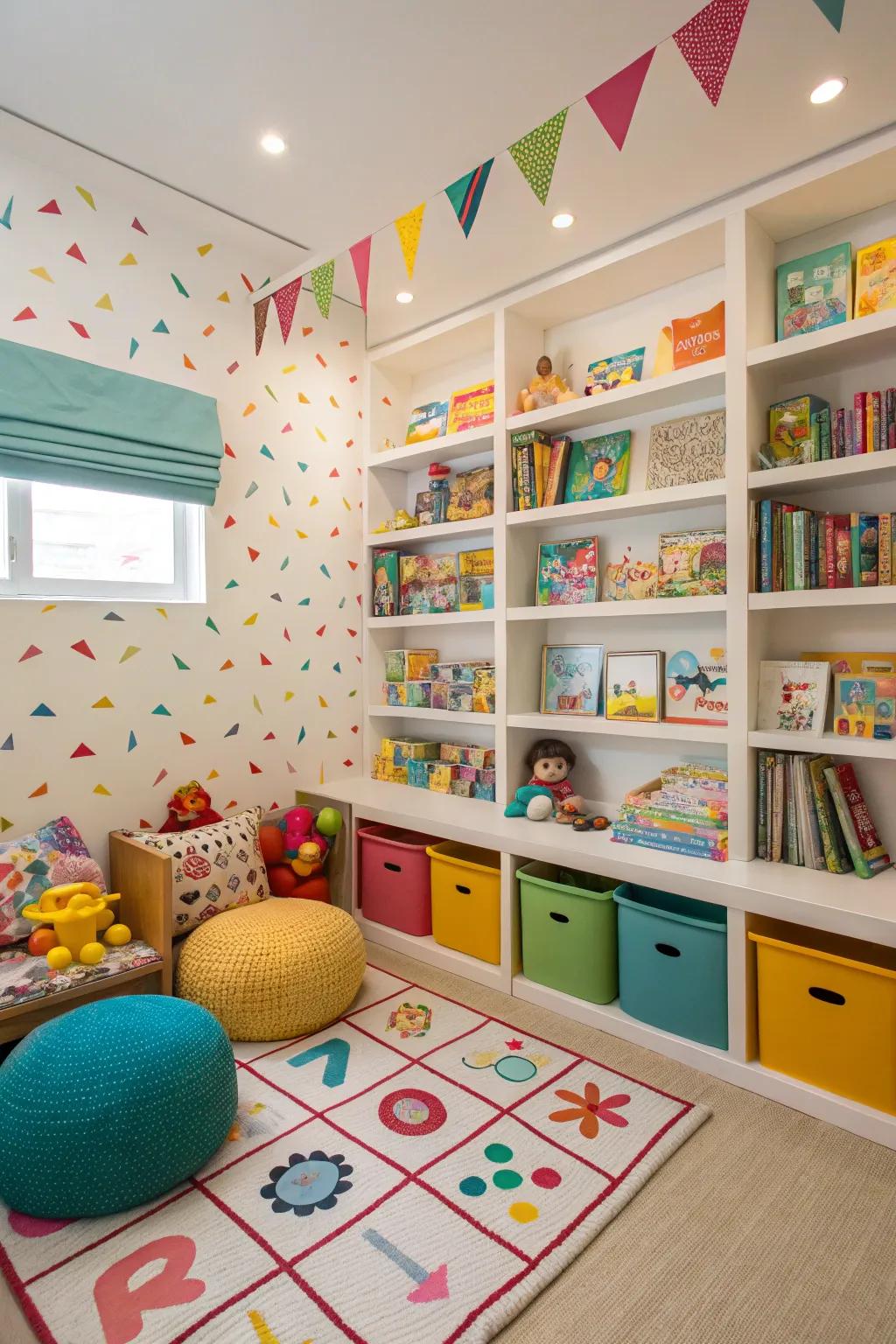 A colorful kids' nook filled with toys and playful decor.