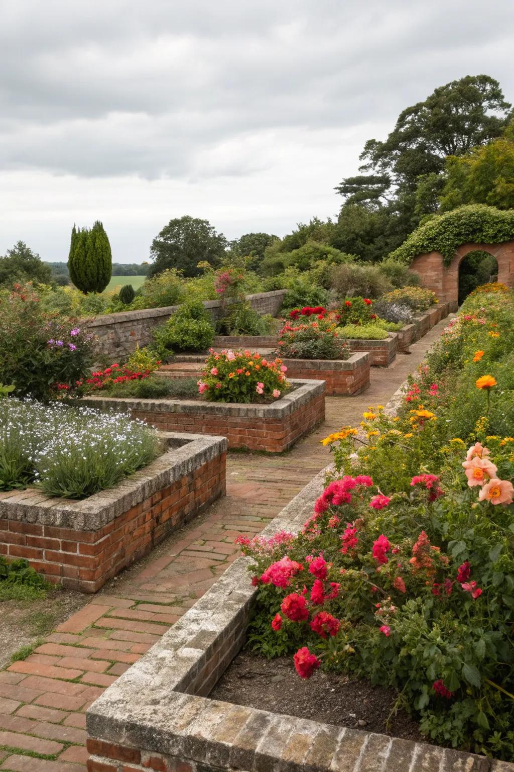 Embrace timeless elegance with classic brick raised flower beds.