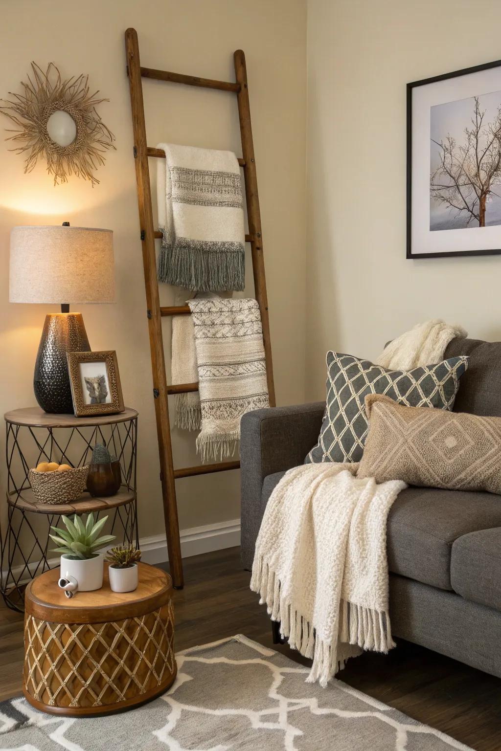 A decorative step used to display wraps, adding flair to the space.