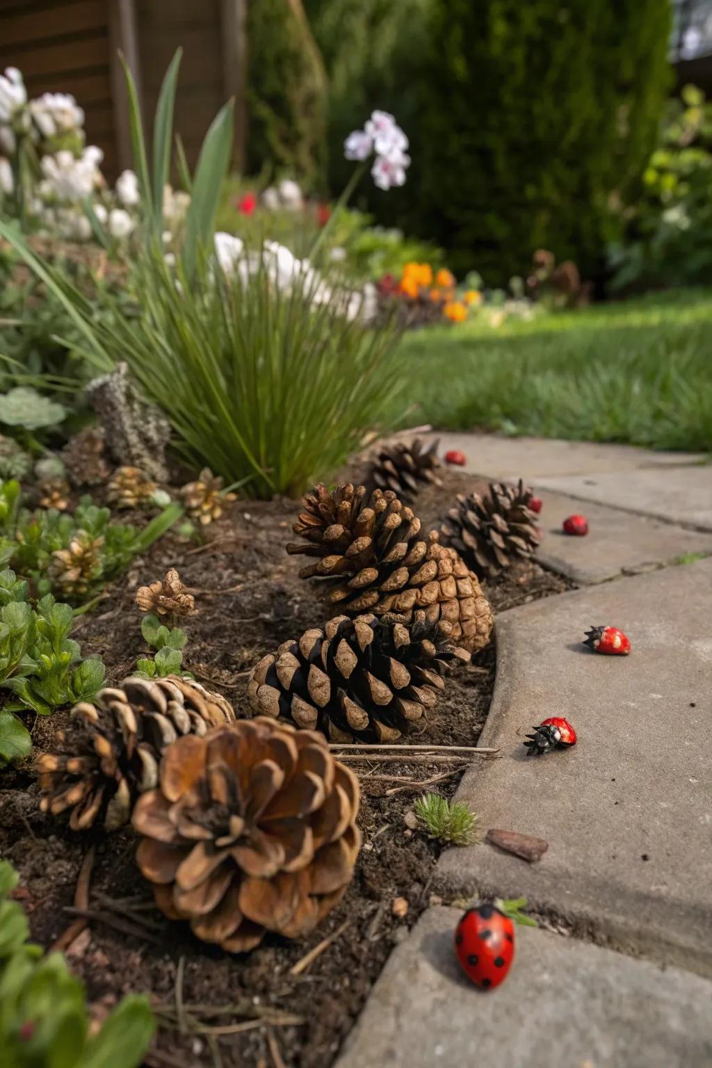 Pinecones delivering shelter to helpful insects like ladybugs.