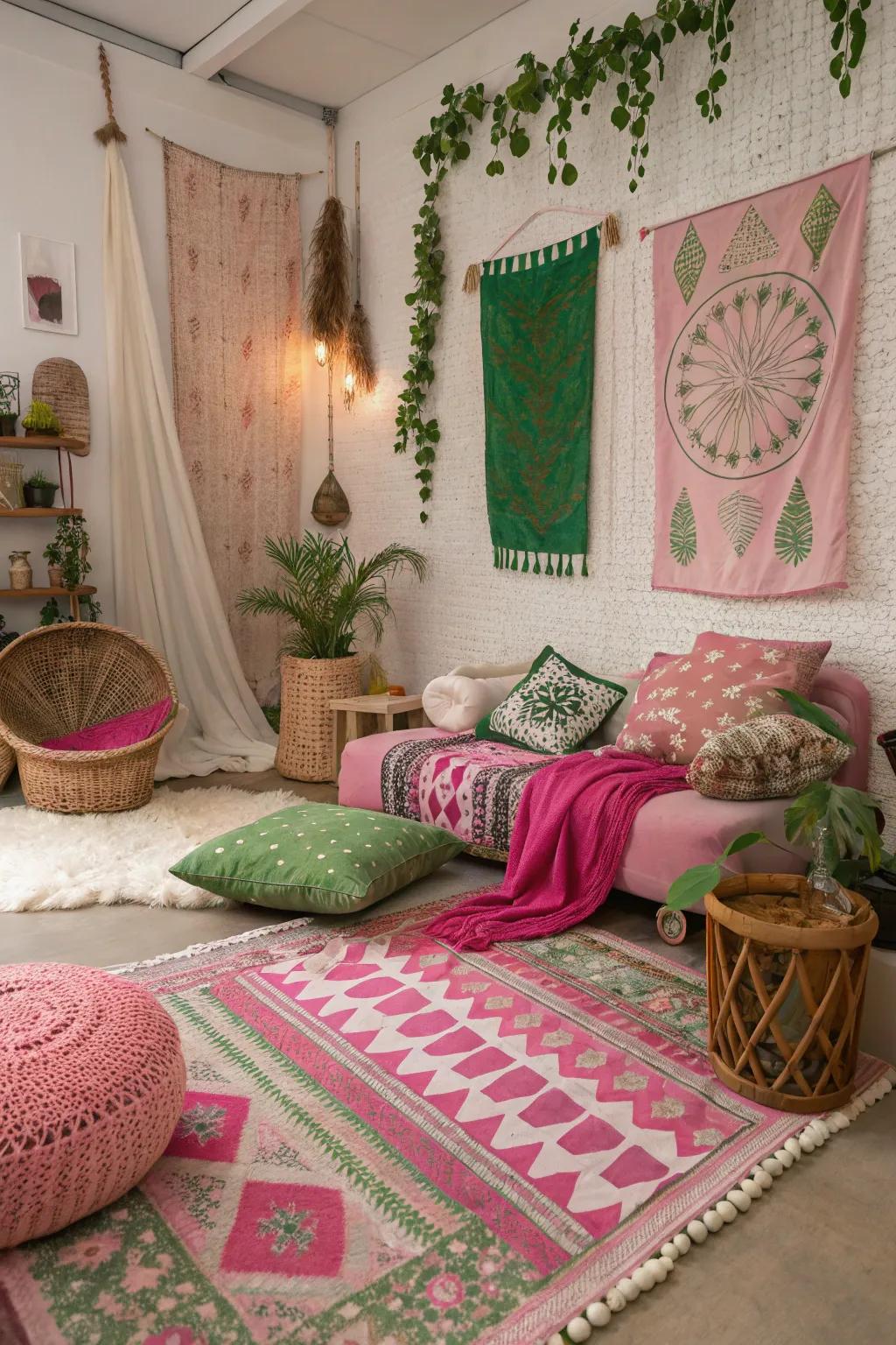 Layered textures in pink and green create a boho chic vibe.