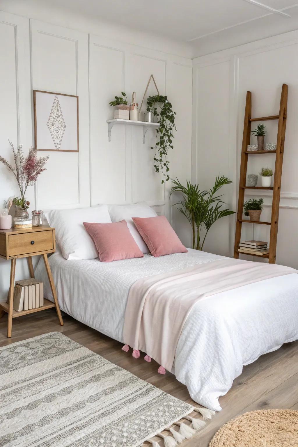 White petal and pink touch create a minimalistic yet warm bedroom.