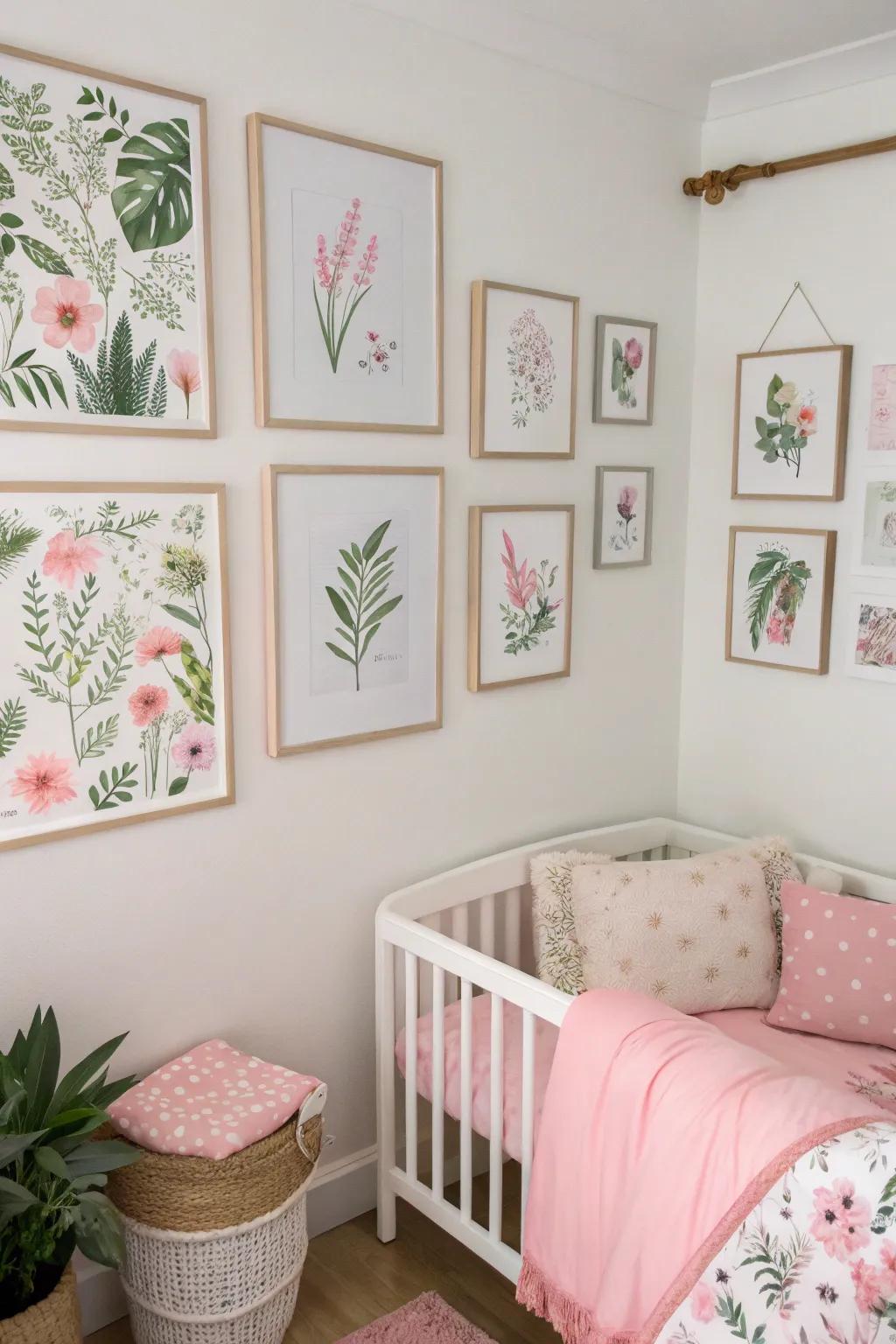 Botanical prints bring a serene touch to the nursery.