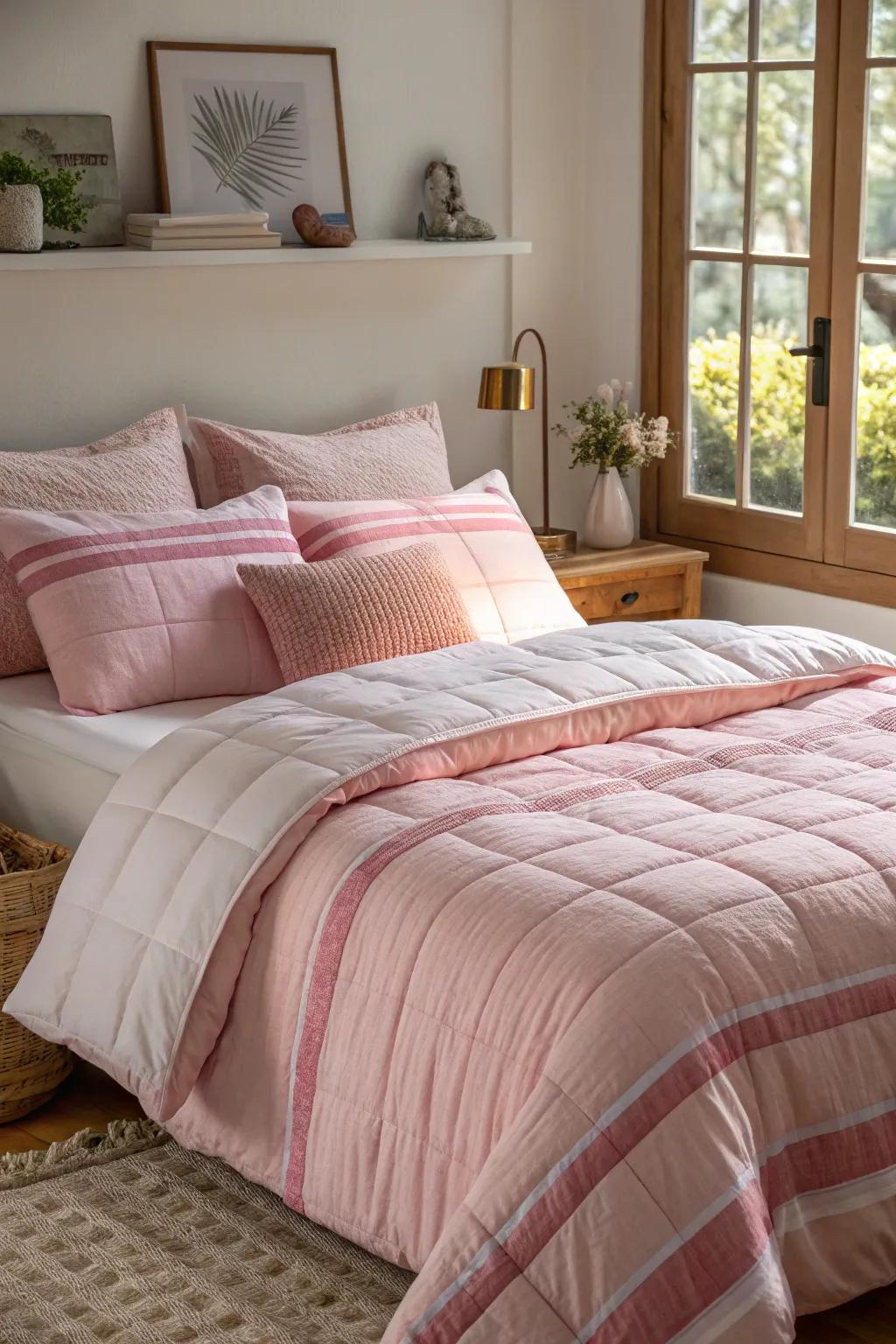 Layered rose-hued bedding adds depth and warmth to this inviting bedroom.