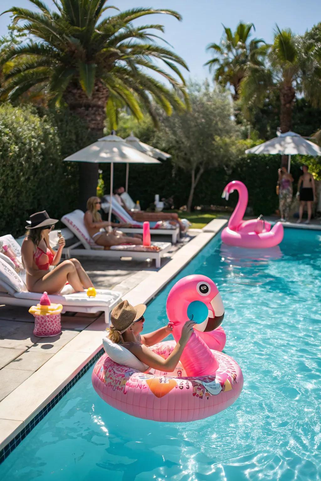 Flamingo floats introduce a playful rosy element to poolside celebrations.