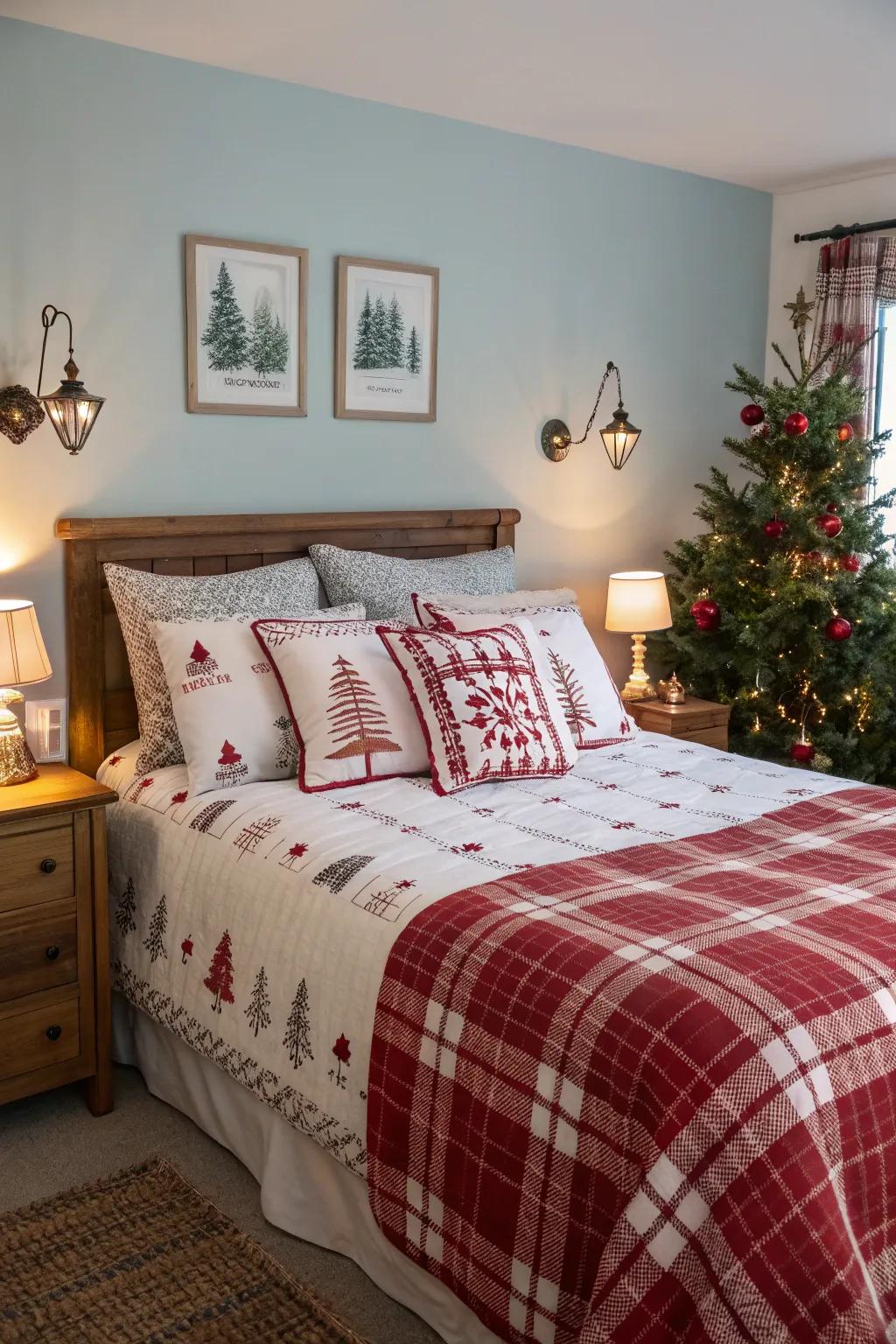 Give your bedroom a lift with holiday themed bedding for a warm festive hideaway.