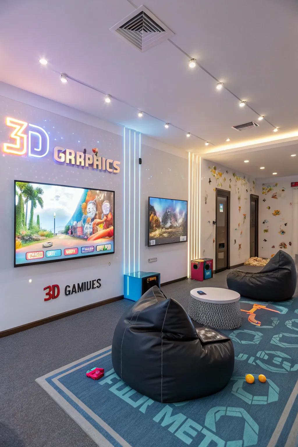 A 3D effect print creating a futuristic vibe in a playroom.
