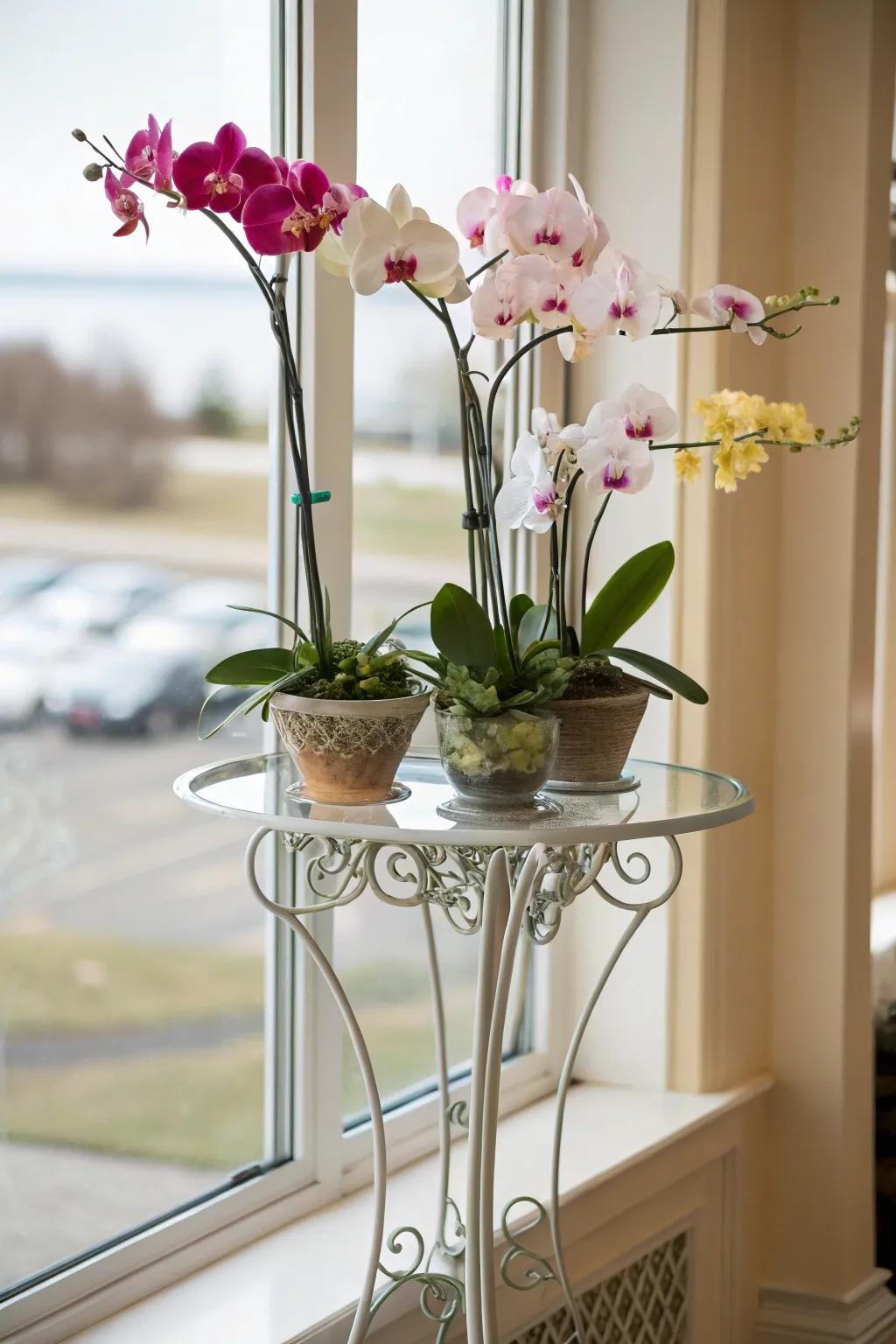 Achieve elegance using glass and metal plant stands.