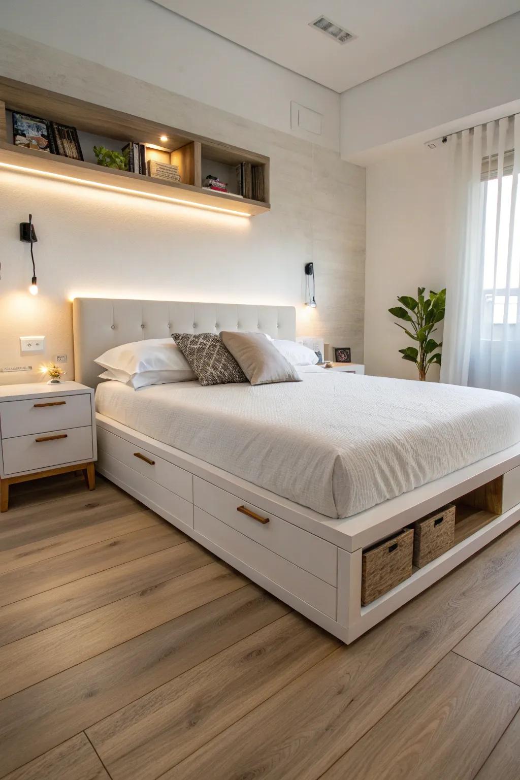 Units built into the bedside simplify bedroom order.