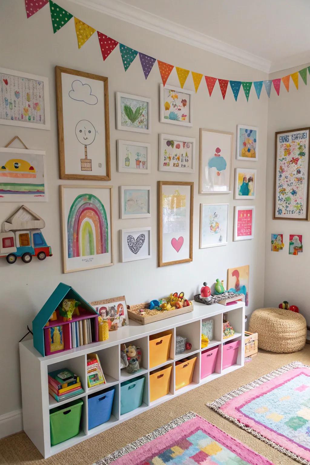 An art gallery wall celebrates creativity and personal accomplishments.