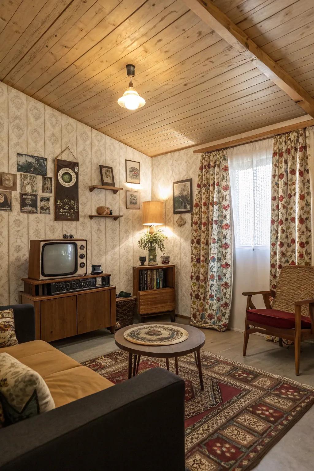 A past-inspired plywood ceiling that includes a nostalgic touch to the room.
