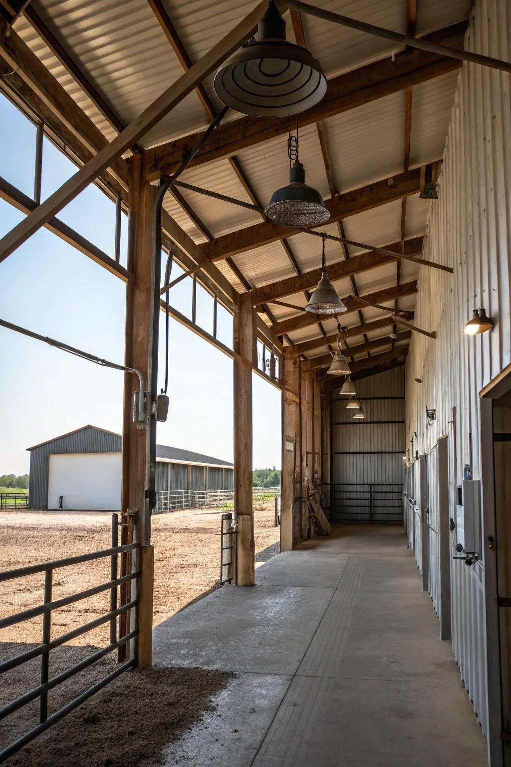 Industrial accents in a pole barn with metal fixtures and exposed beams.