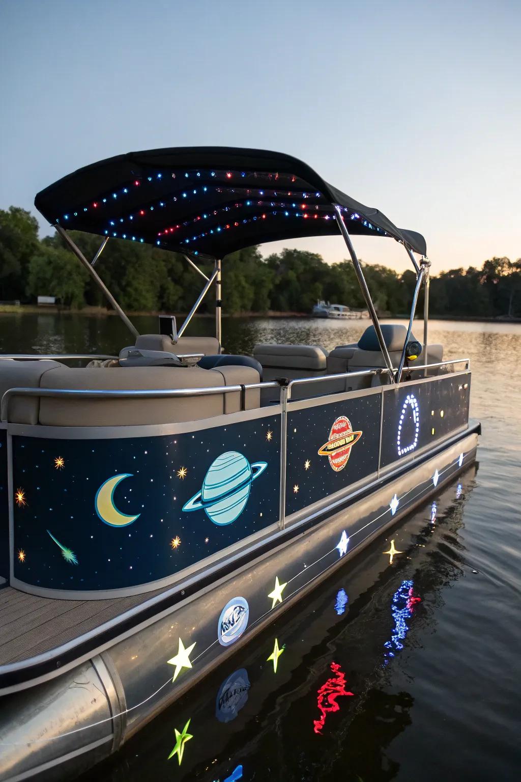 A pontoon boat designed with a space theme, featuring celestial decorations.