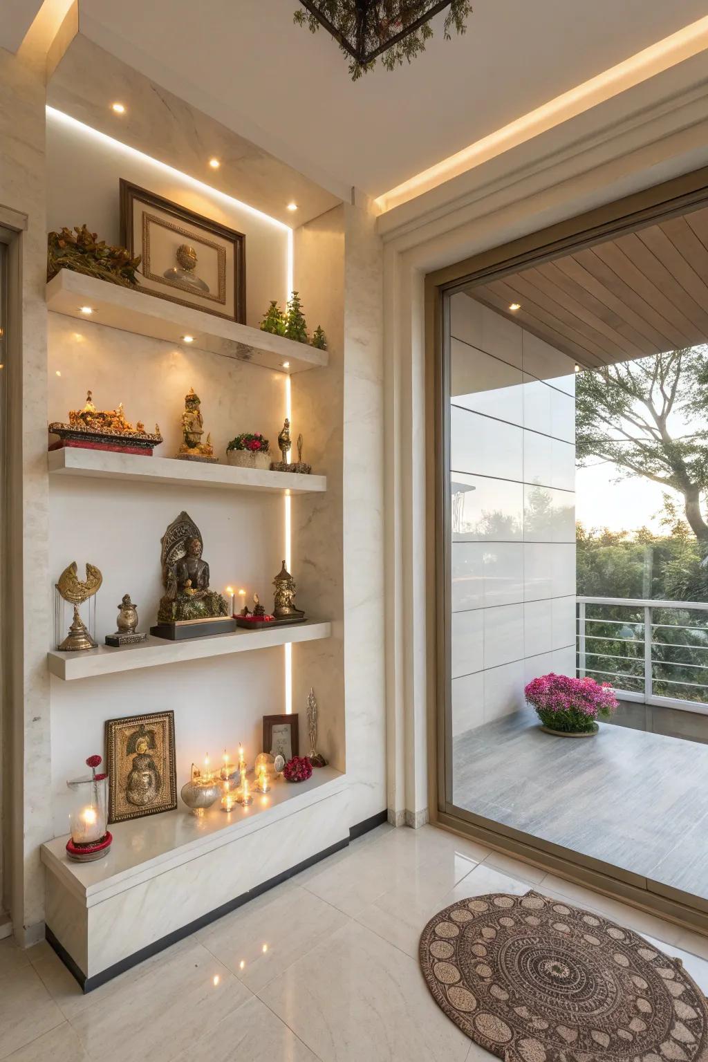 Floating shelves keep this pooja room organized and spacious.