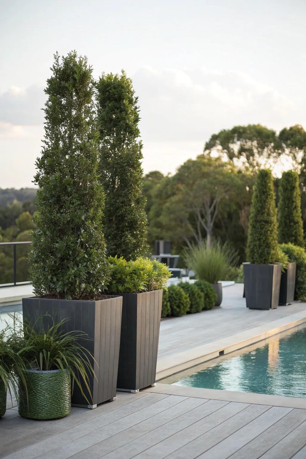Tall planters provide privacy while adding to the greenery of the pool deck.