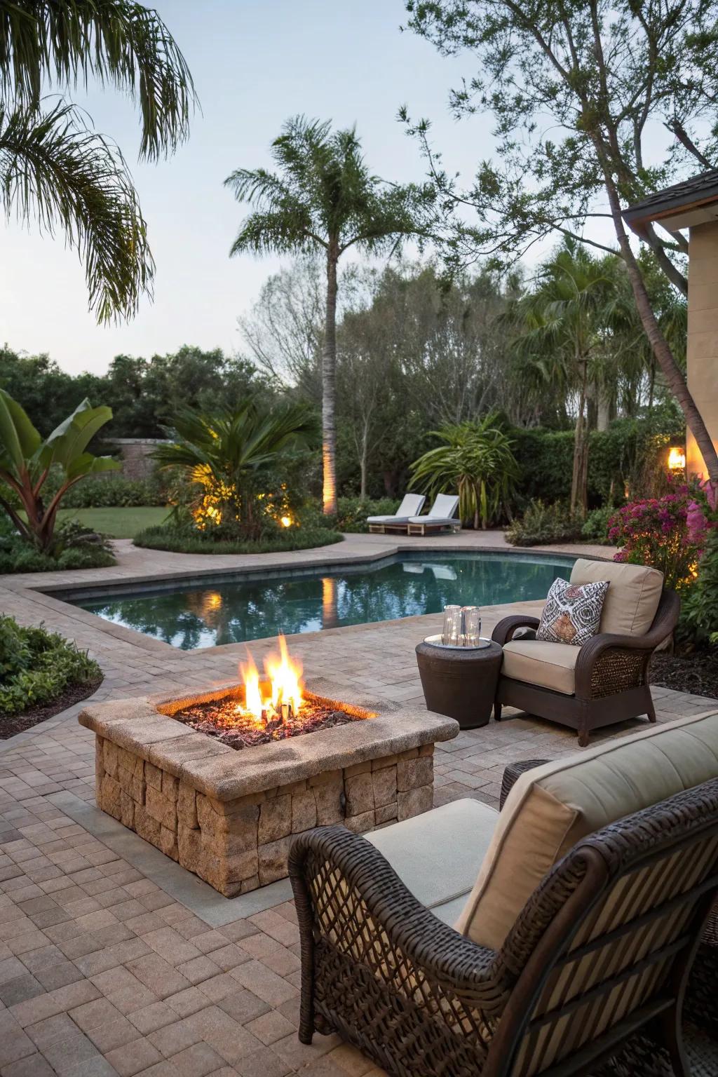 Add warmth and charm with a poolside fire component.