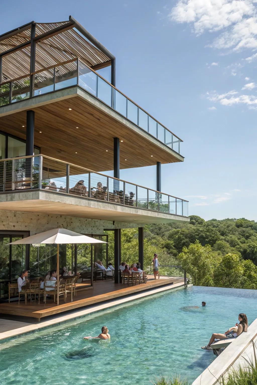 Tiered pavilions provide vibrant spaces featuring both sun and shade options.