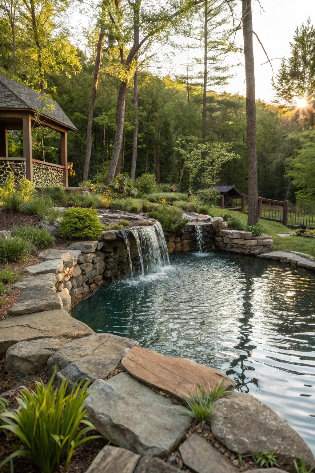 A pool pond showcasing a soothing waterfall feature.
