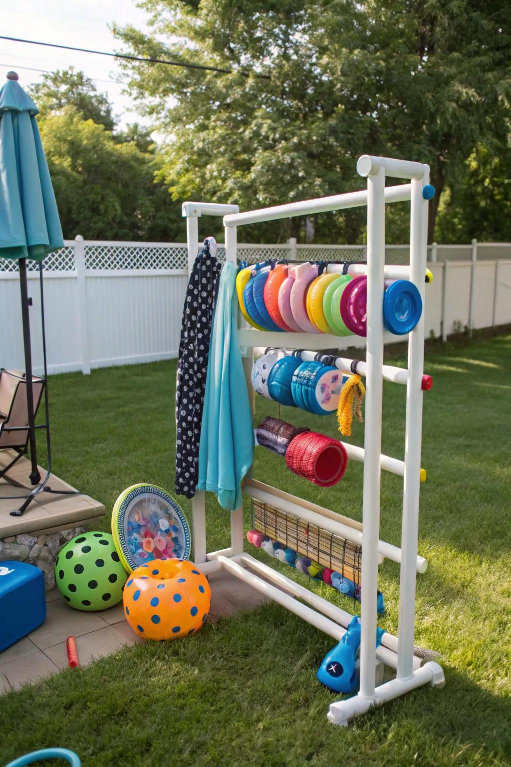 A PVC pipe rack offers a durable storage option for pool equipment.