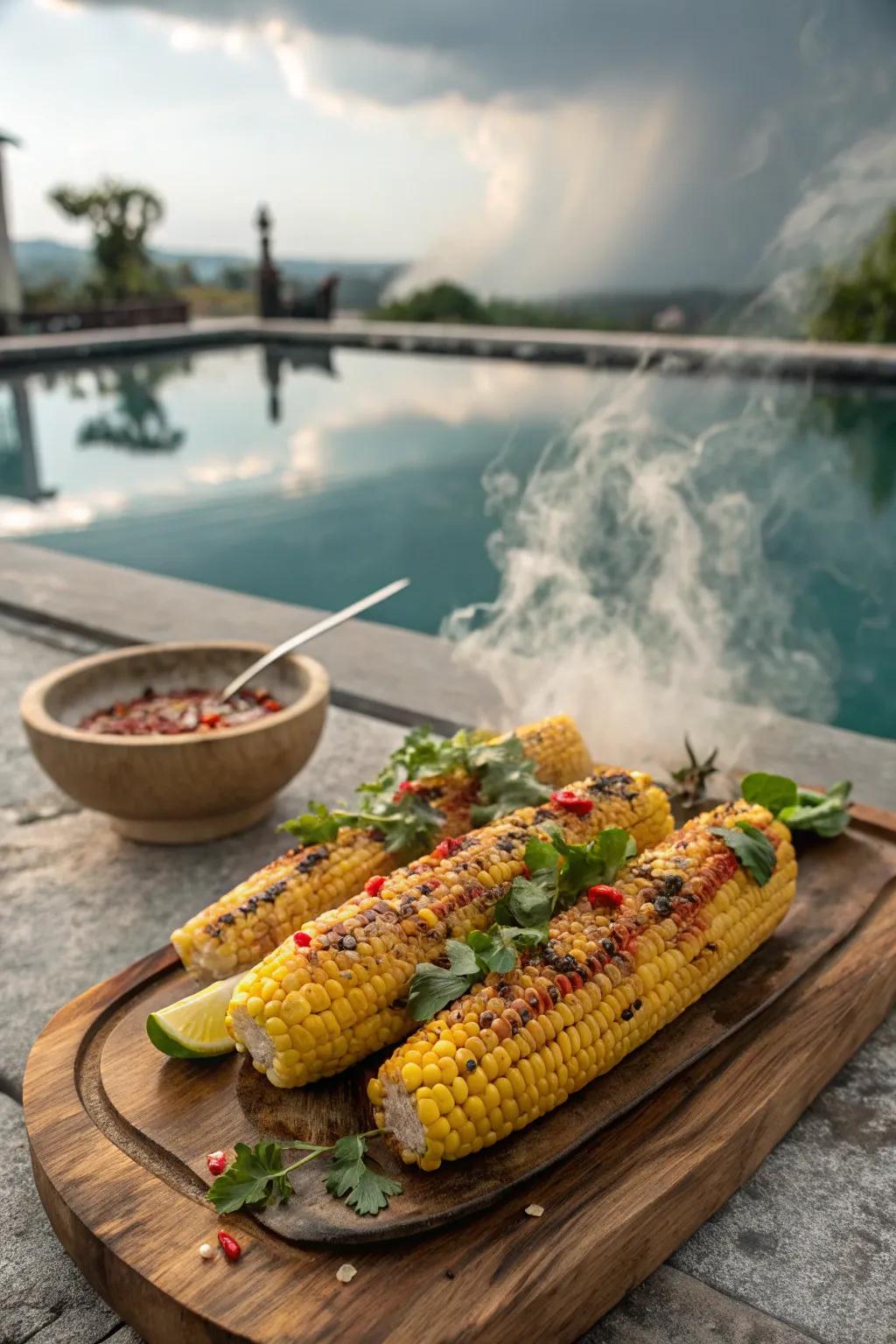 Delight in grilled corn brushed with honey and chili.