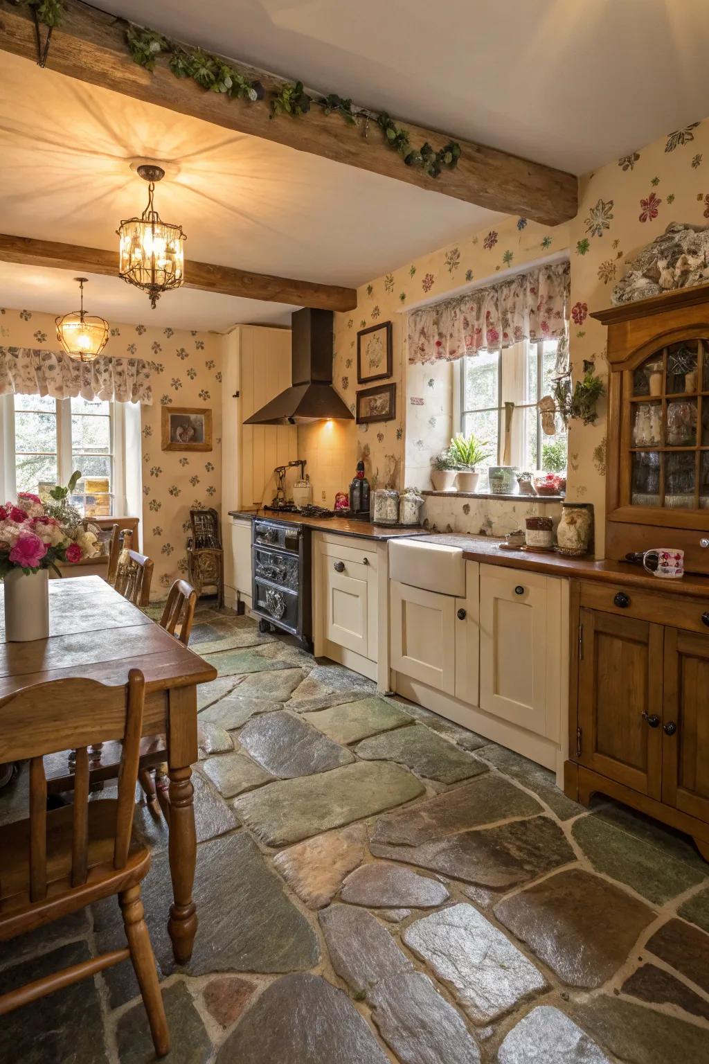 Flagstone flooring delivers a countryside and timeless appeal for kitchens.