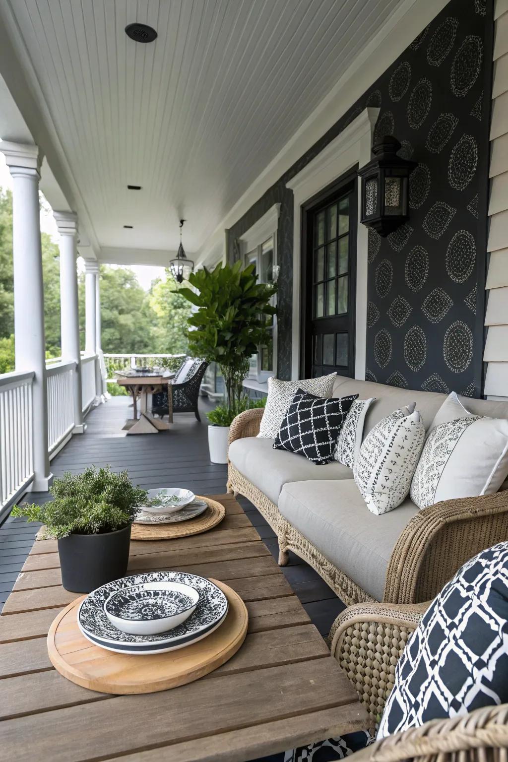 A refined onyx and snow porch that never goes out of style.
