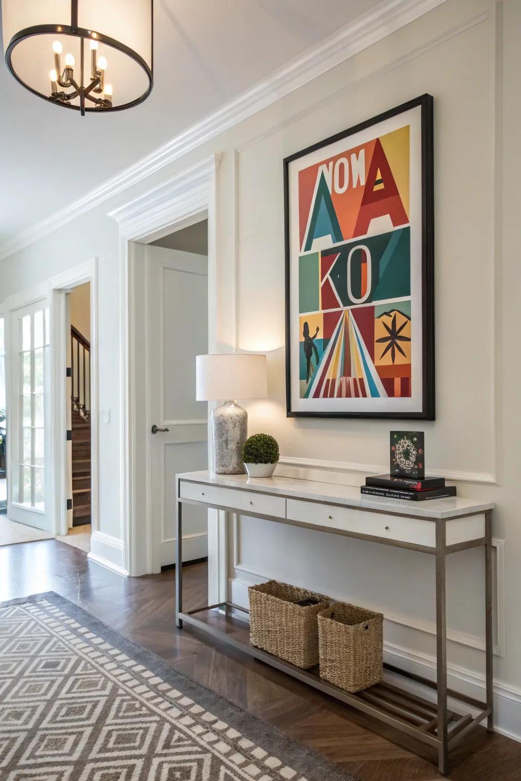 An abstract name poster adding intrigue and artistic elegance to an entryway.