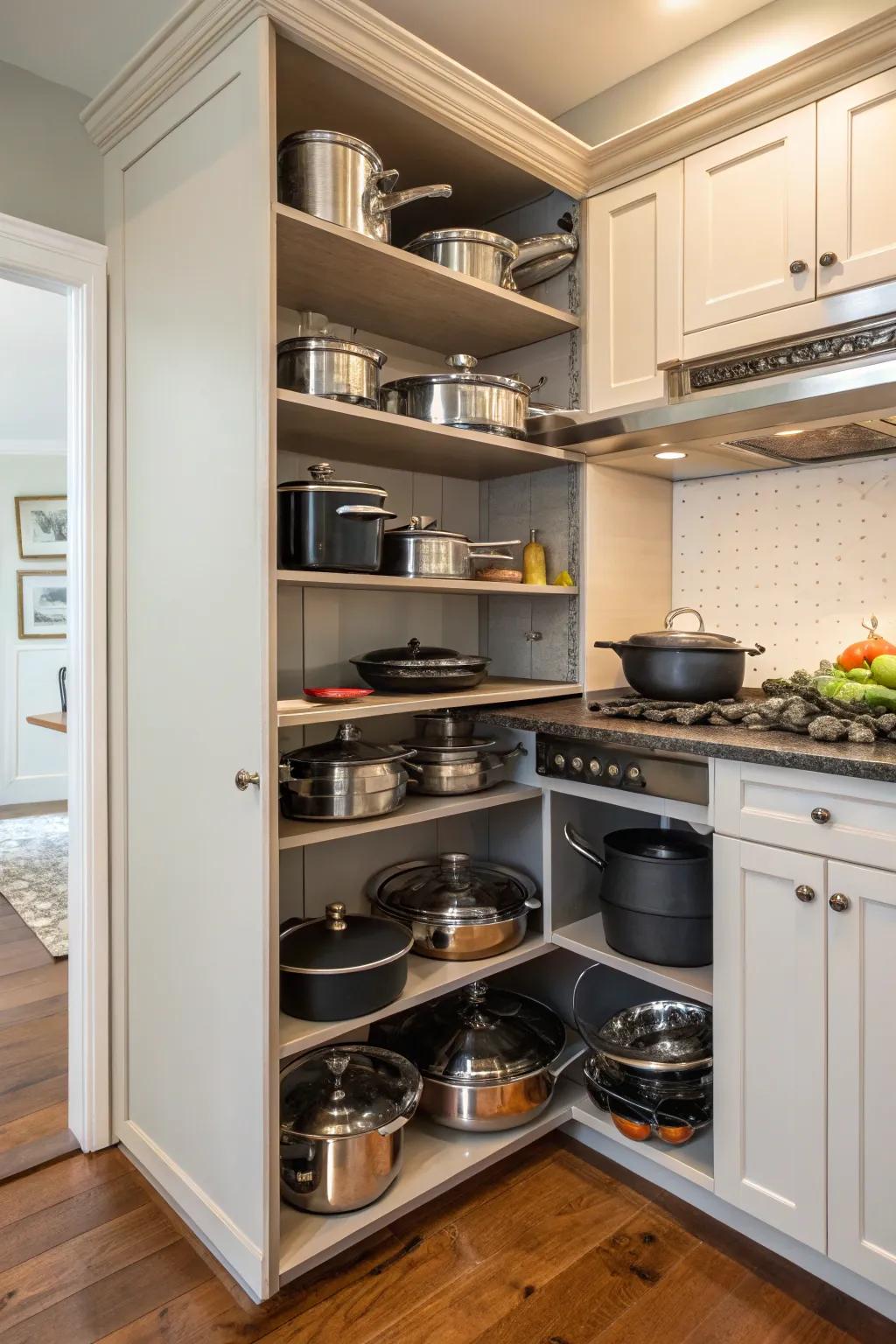 Corner shelves maximize storage in otherwise wasted spaces.