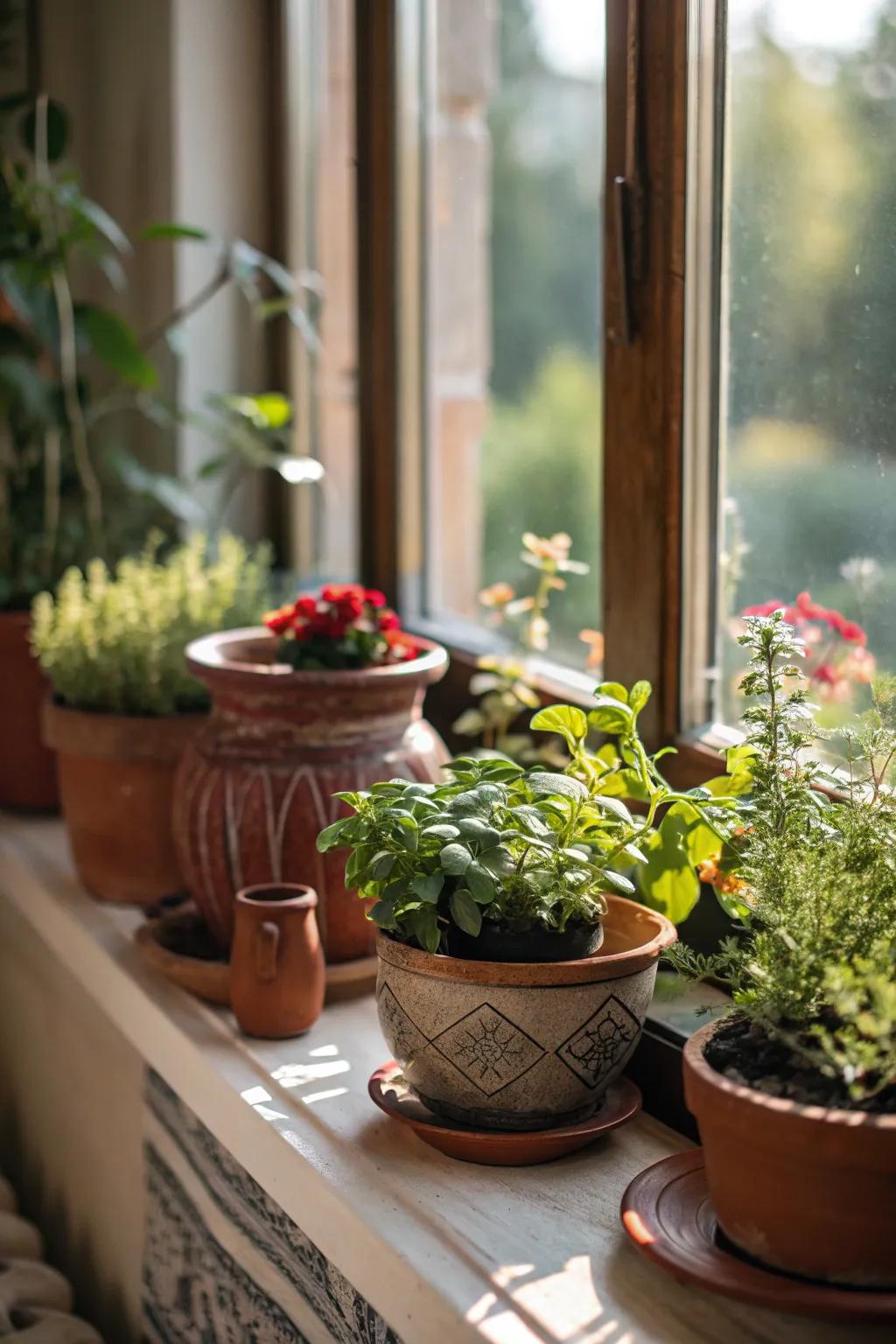 Pottery and plants arranged on a windowsill.