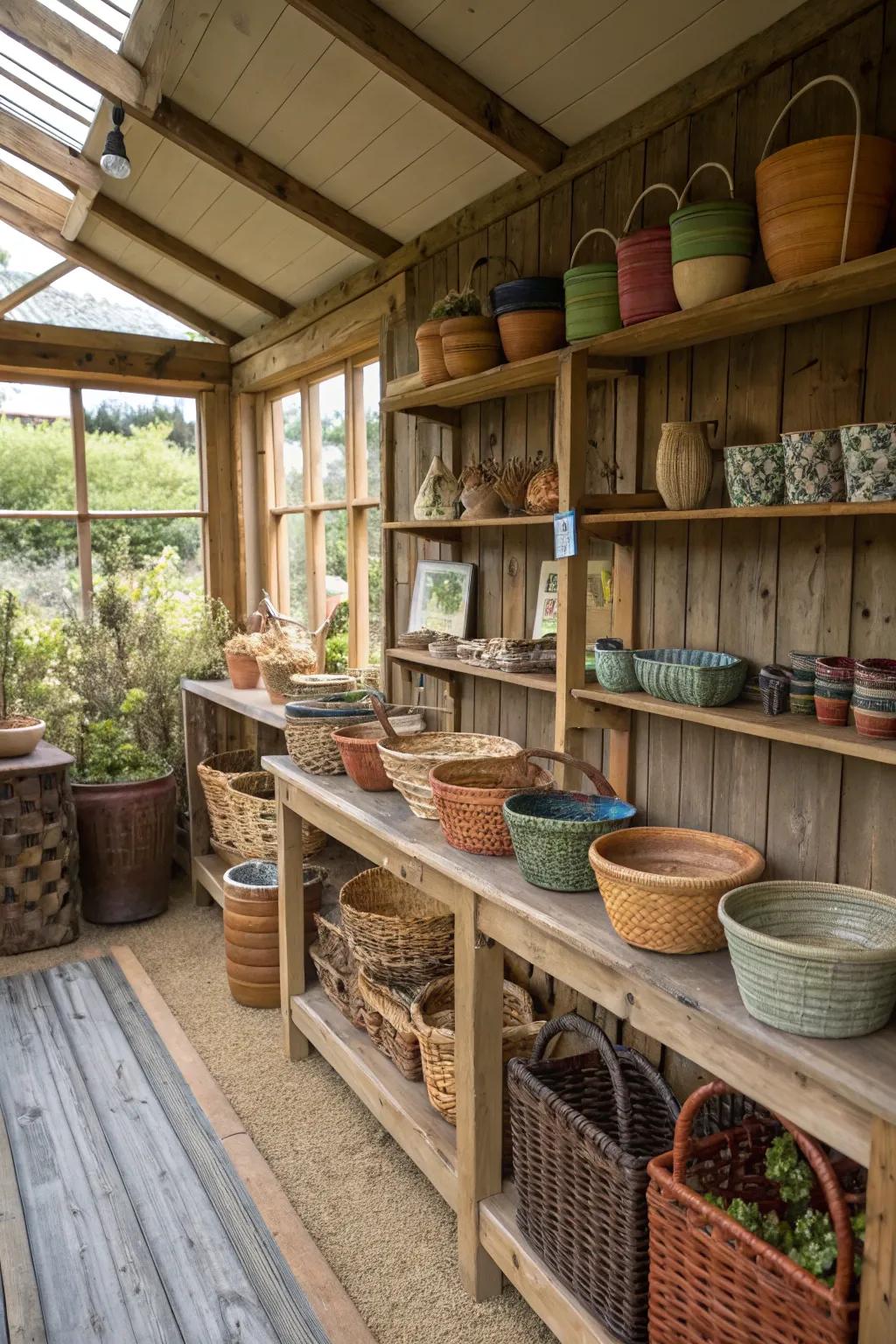 A potting shed with handcrafted accents.