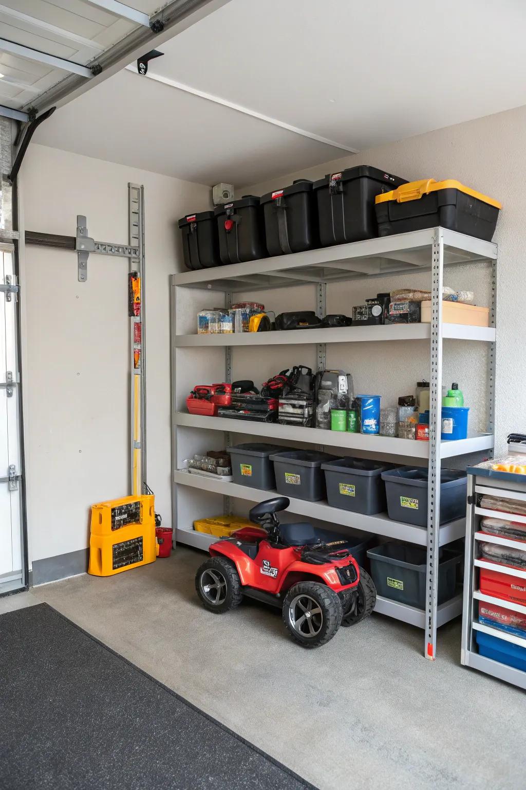 Corner shelves optimizing garage space for electric ride-on cars.