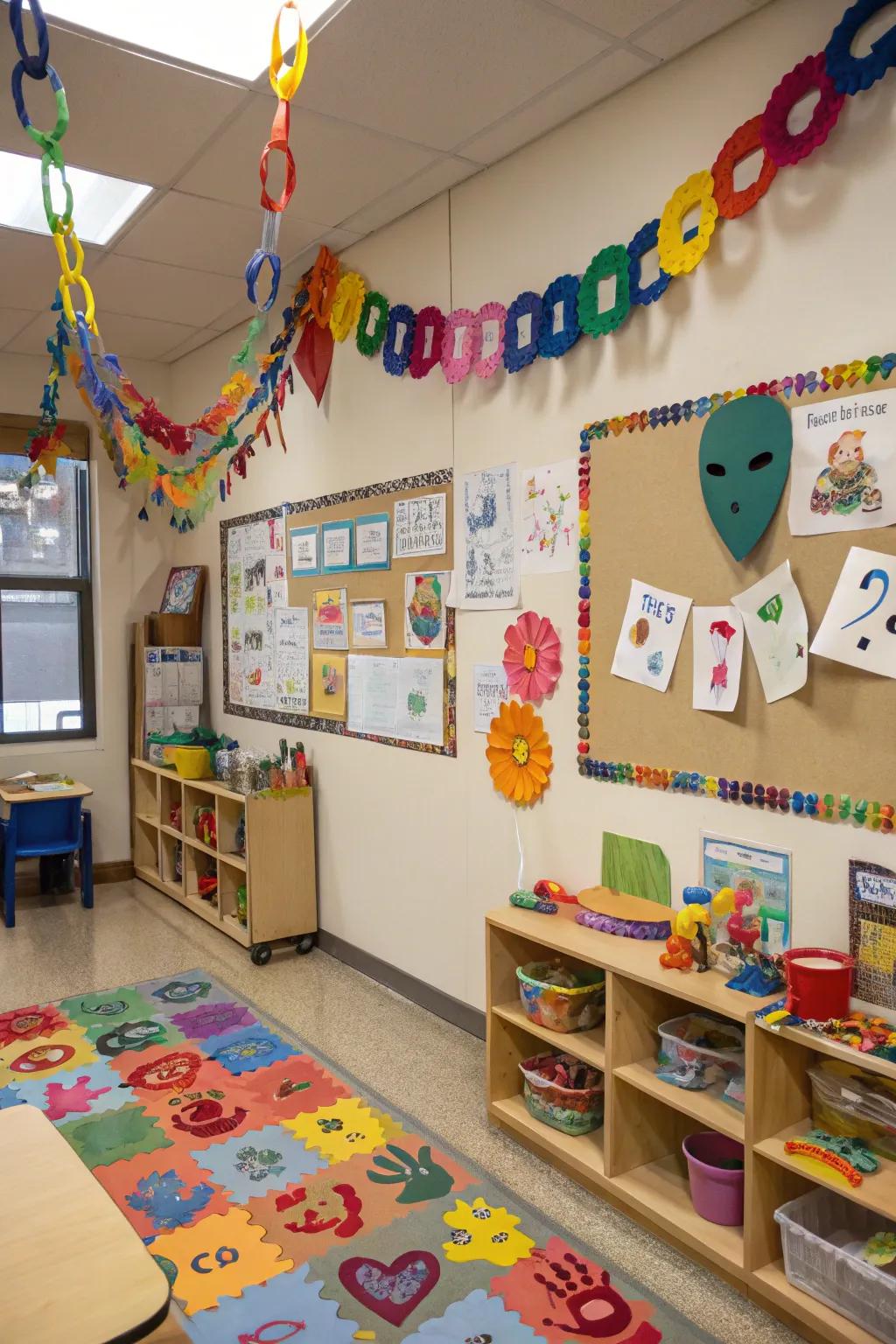 Handmade decorations crafted by children adding a personal touch.