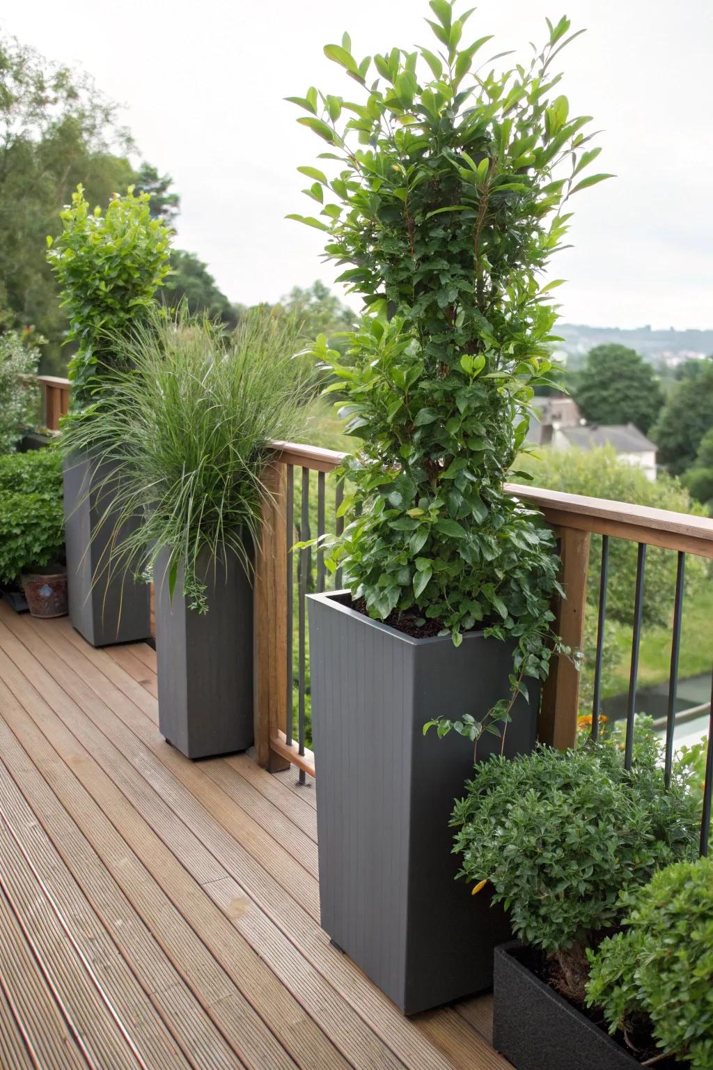 Towering beds serve as organic seclusion obstructions on a deck.