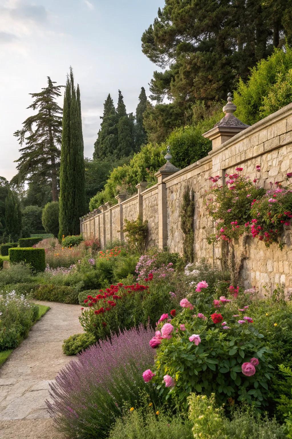 Stone walls offer enduring elegance and privacy.