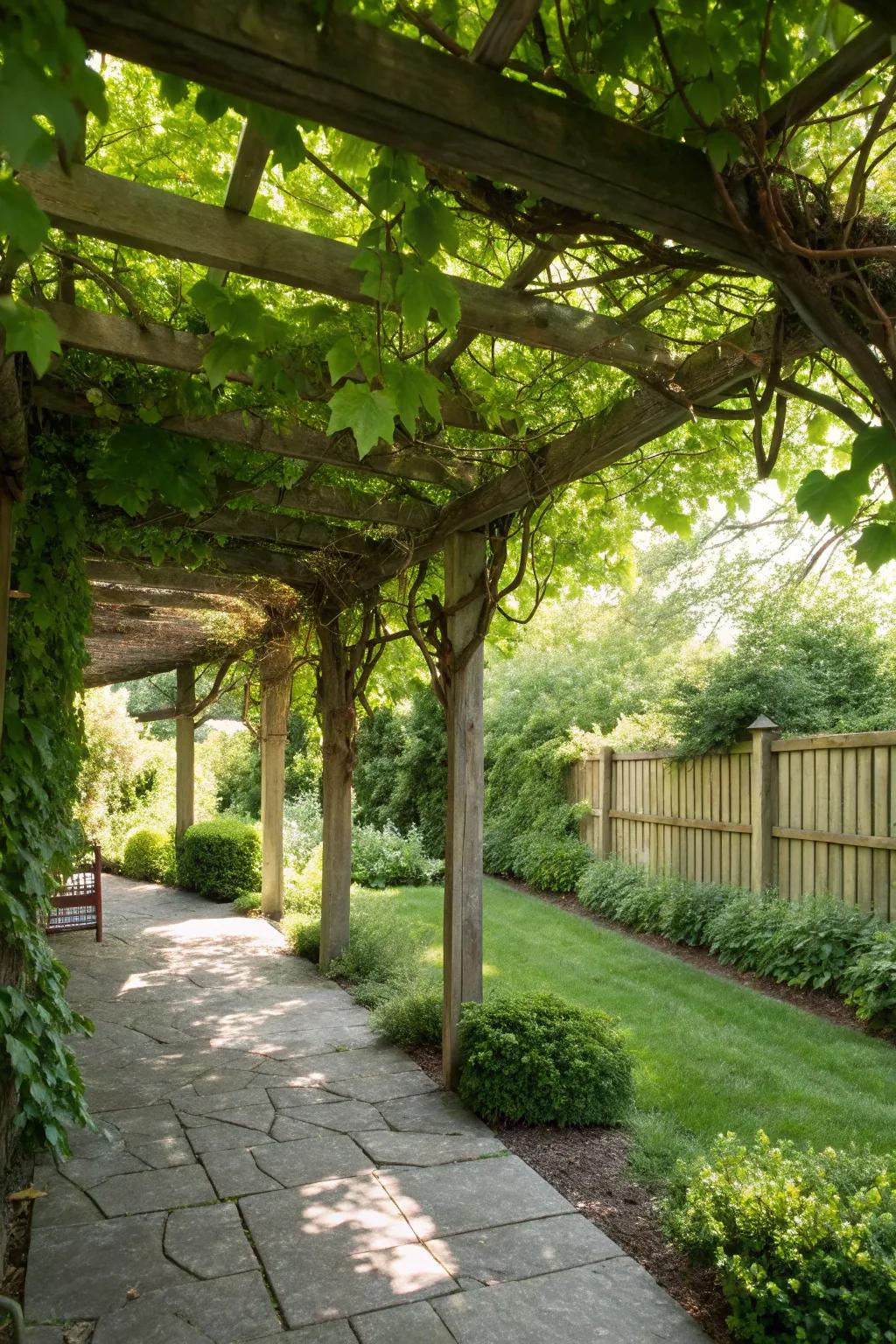 An arbor with creepers conceiving a stunning and utilitarian property divider.