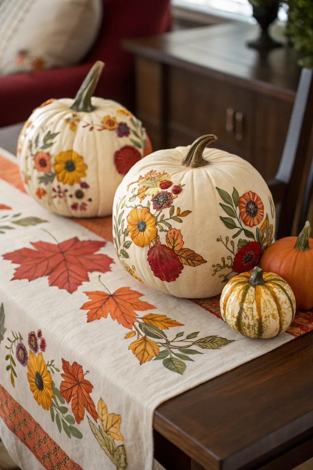 Personalized pumpkins with intricate patterned paper designs.