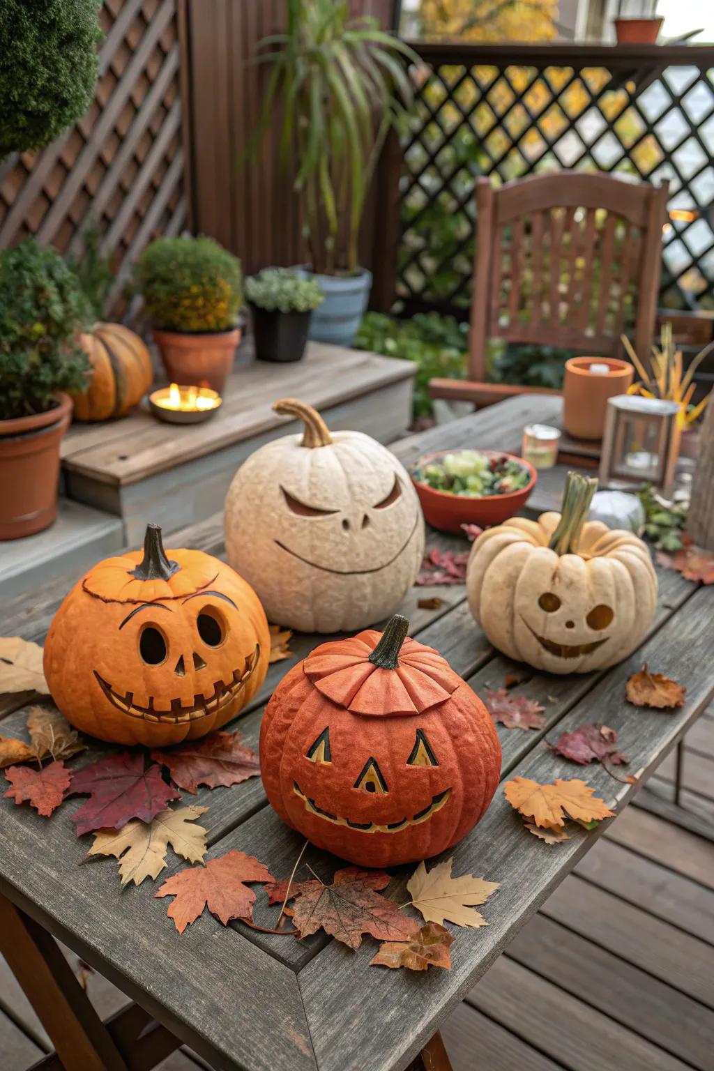 Pumpkins with expressive faces crafted from clay.