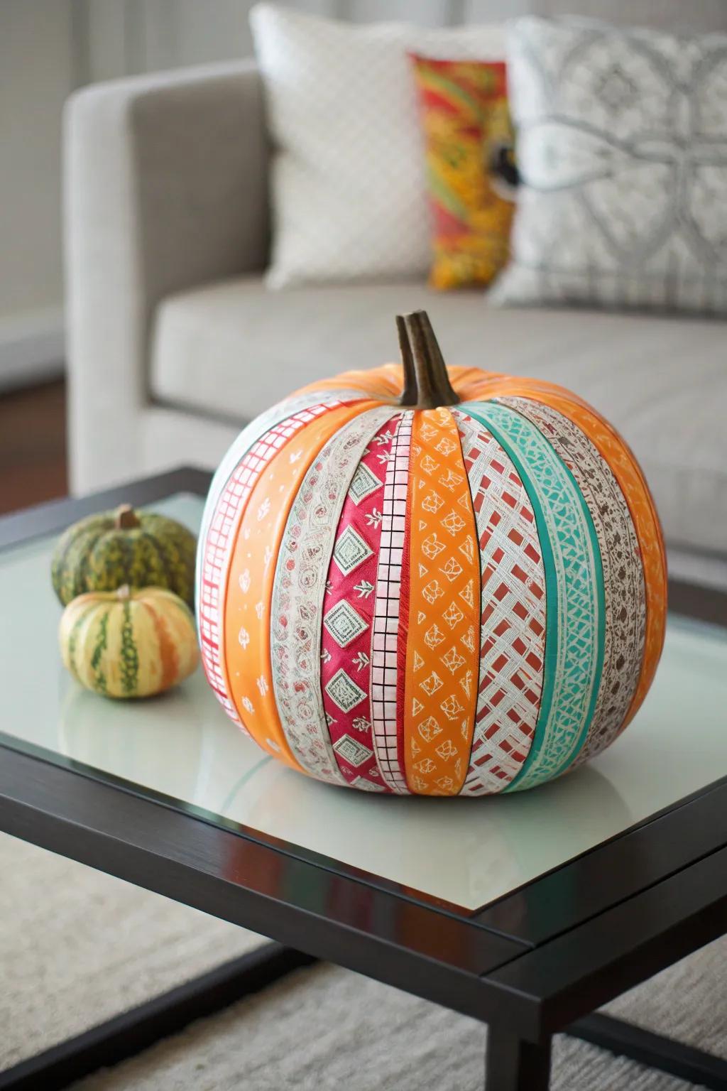 Masking tape transforms ordinary pumpkins into extraordinary pieces of art.