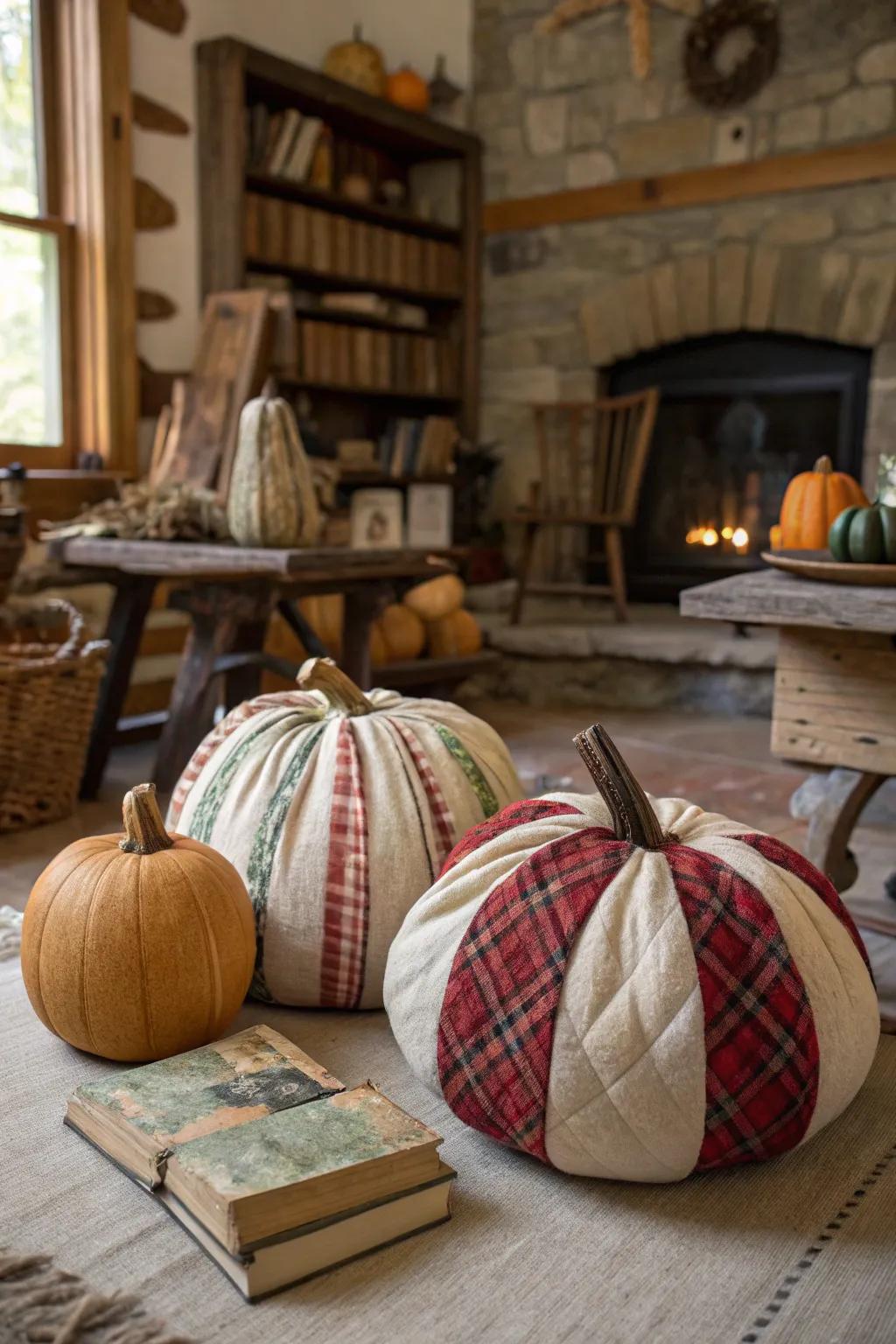 Achieve homespun allure with textile-enveloped pumpkins.