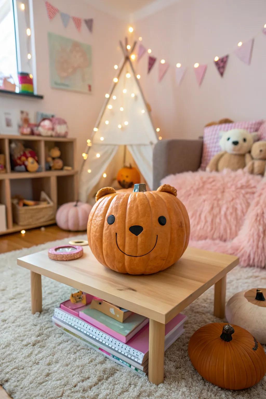 An adorable plush bear pumpkin ideal for a child's area.