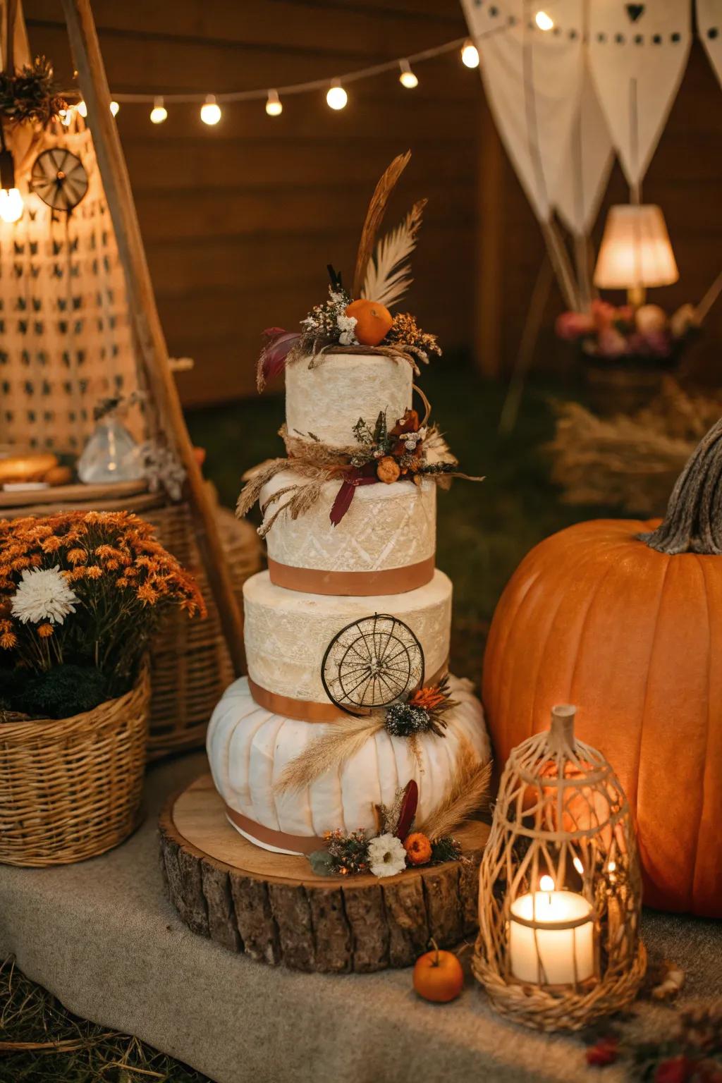 Bohemian pumpkin diaper cakes introduce a liberated touch to any gathering.