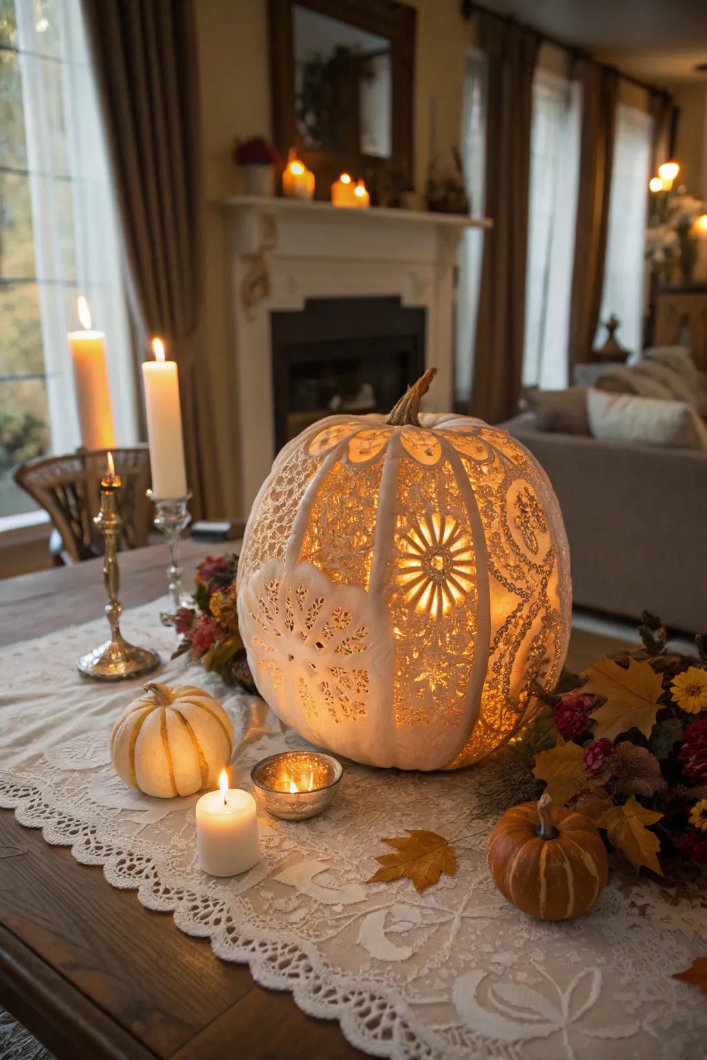 An intricately lacework-patterned pumpkin exuding elegant charm.