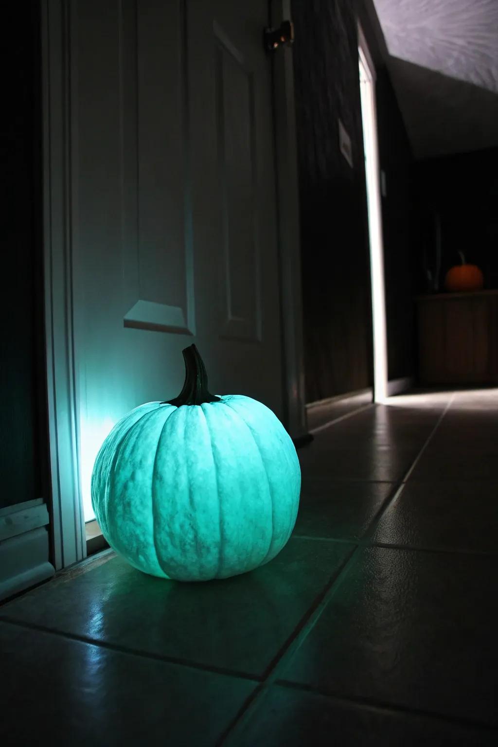 A gourd glowing with magical glow-in-the-dark paint.